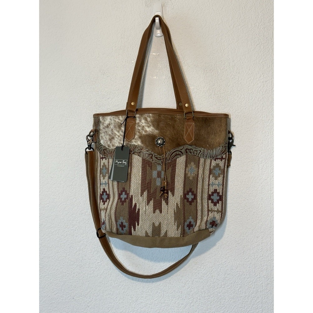 New Myra Captivating Tote Bag Canvss Aztec‎ Print Rug Conch Cow Hair Large